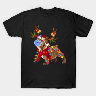 Bulldog Reindeer With Face Mask  Christmas Light Funny Shirt T-Shirt